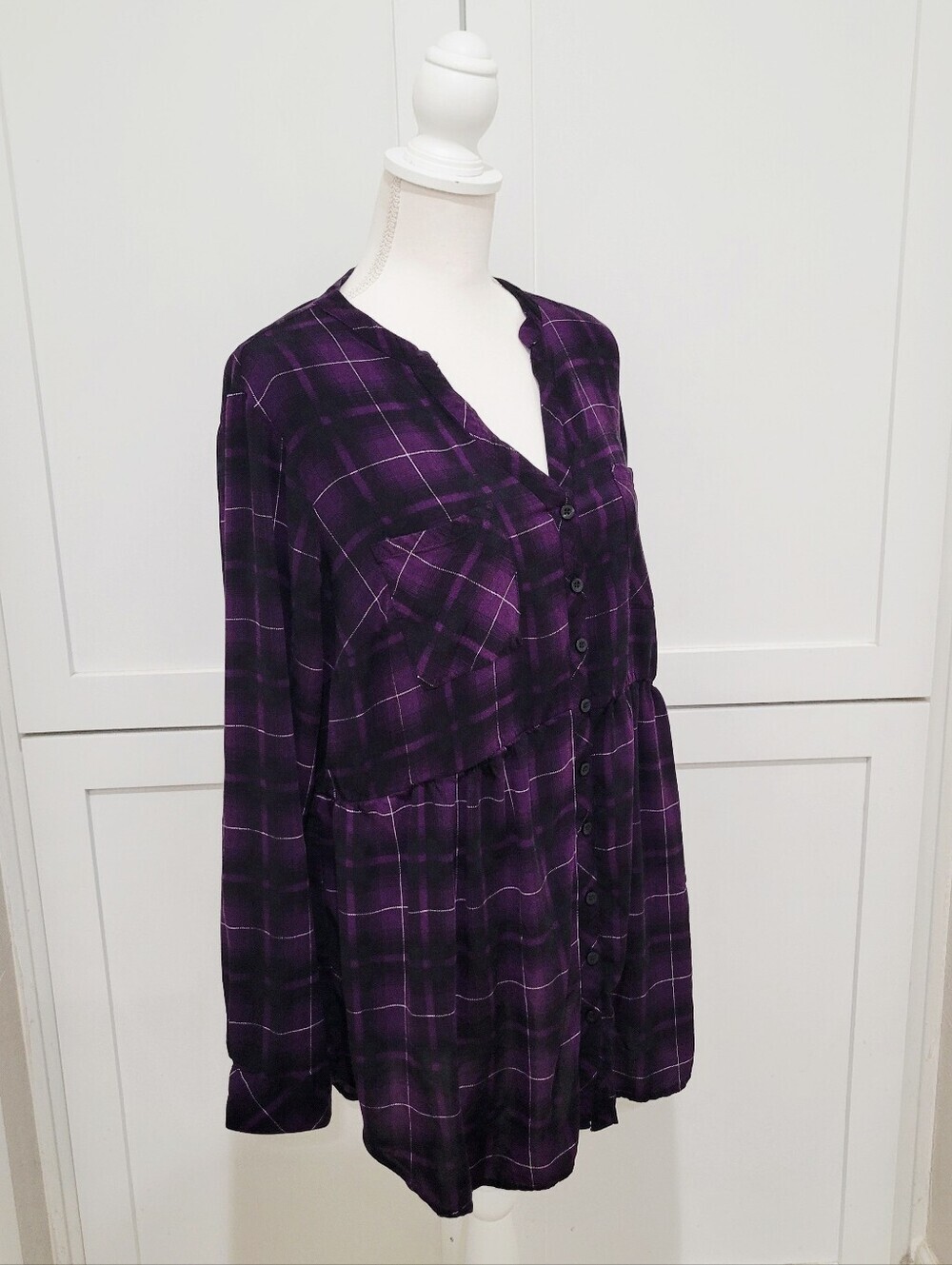 Torrid Purple & Black Plaid Button-Front Long Sleeve Babydoll Top | Size 18/20